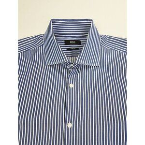 Hugo Boss Sharp Fit Size 16.5 32/33 Mens Blue White Stripe Spread Collar Shirt